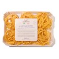 Longo's Curato fresh fettuccine egg pasta, 250g package of Italian-made ribbon noodles in clear tray.